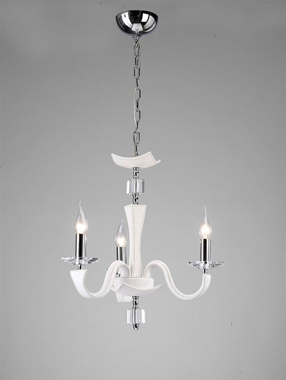 Diyas Nardini 50cm  3 Light E14 Polished Chrome/White Faux Leather/Crystal Ceiling Pendant Light Fitting