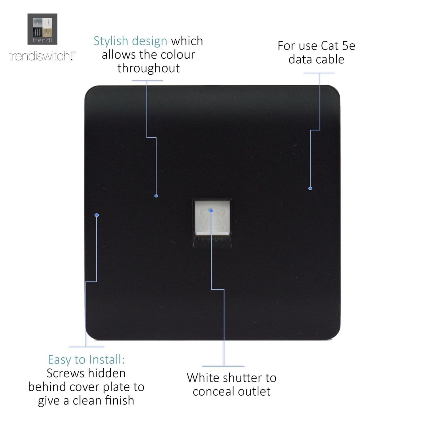 Trendi  RJ45 Cat 5e & Cat 6 Ethernet Socket Matt Black Soft Touch - ART-PCSTB
