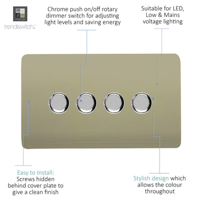 Trendi 4 Gang 2 Way 240V 100w LED Dimmer Screwless Raised Front Plate Plastic Artistic Modern Glossy 10 Amp Chrome Single Electrical Wall Light Switch in Champagne Gold - ART-4LDMGO