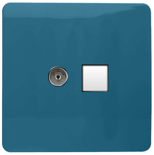 Trendi Artistic Modern Glossy Tactile TV Co-axial Socket + Telephone Socket Ocean Blue