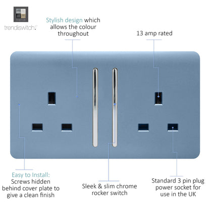 Trendi 2 Gang Artistic Modern Glossy 13 Amp Switched Tactile Plug Socket Sky (5 Pack)