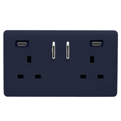 Navy Blue Screwless 2 Gang Switched Double Socket 13A With 2 x USB-C 24W (Shared), (35mm Back Box Req.), 10yrs Warranty