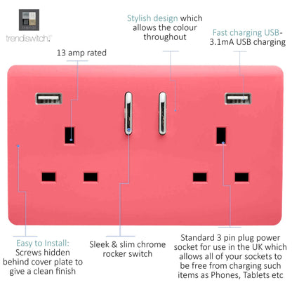 Trendi 2 Gang Artistic Modern Glossy 13 Amp 2 x 3.1mA USB Switched Plug Socket Strawberry