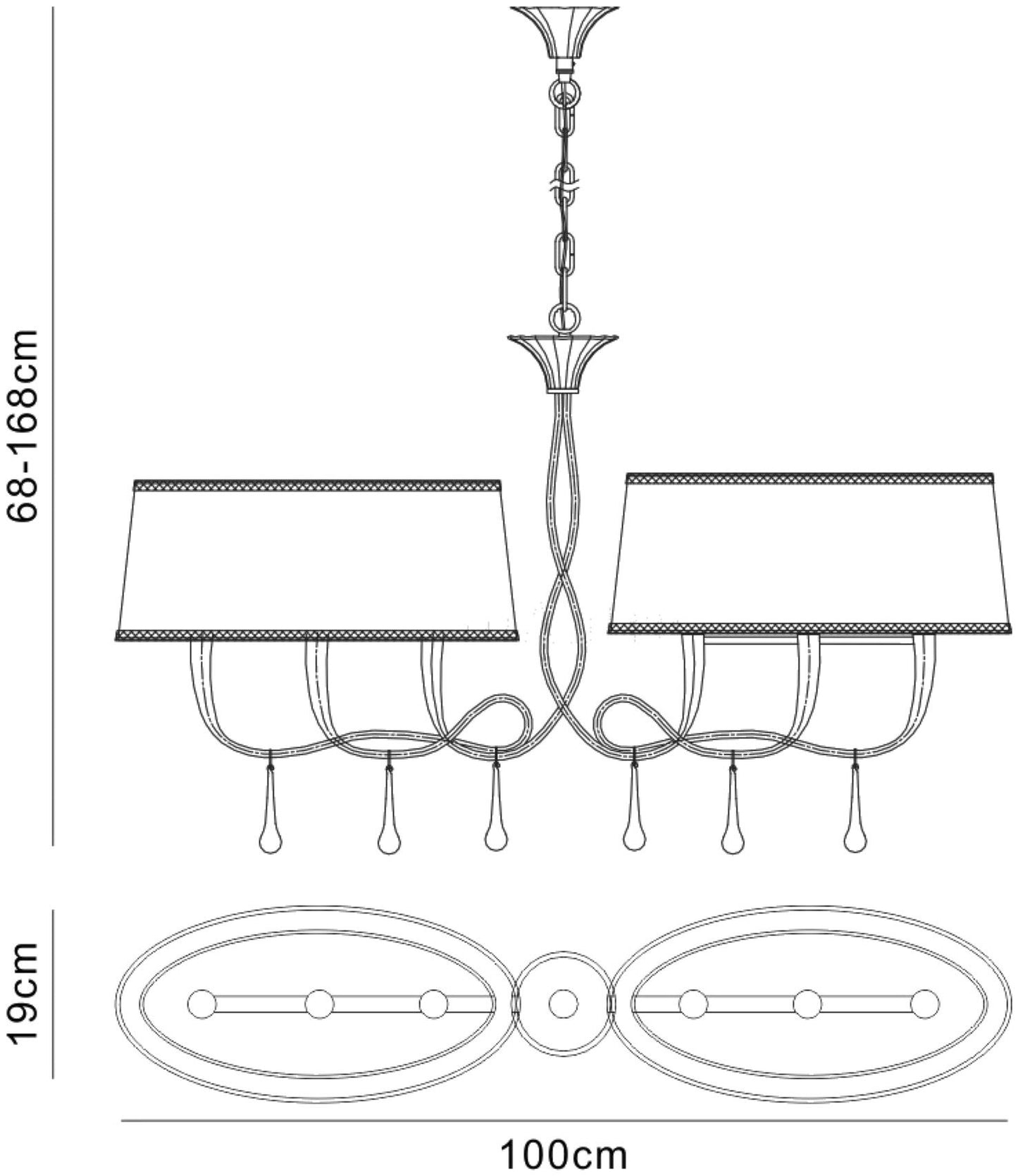 Mantra M0531 Paola Linear Pendant 2 Arm 6 Light E14, Silver Painted with Black Shades & Black Glass Droplets