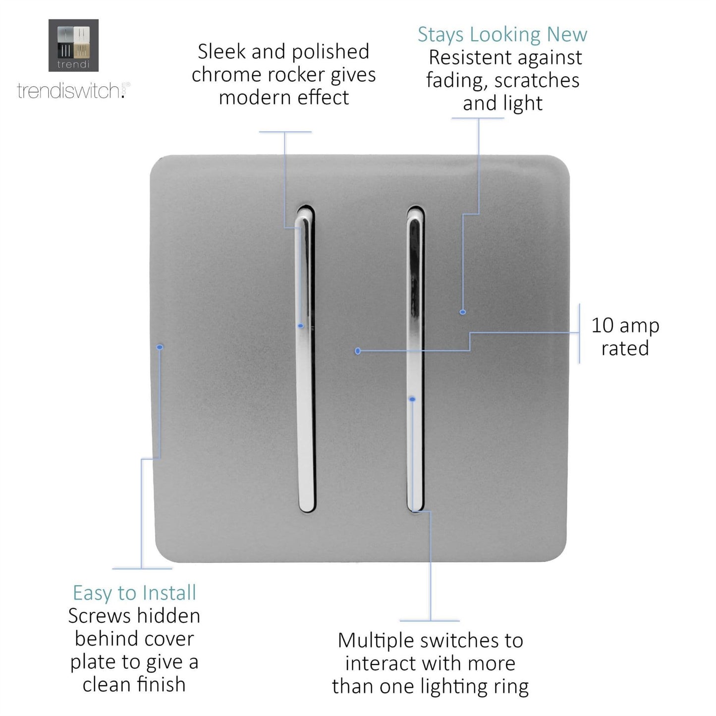 Trendi 2 Gang 3 Way Intermediate Artistic Modern Glossy 10 Amp Rocker Light Switch Light Grey