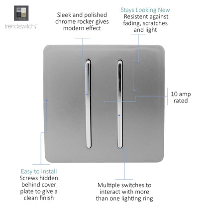 Trendi 2 Gang 3 Way Intermediate Artistic Modern Glossy 10 Amp Rocker Light Switch Light Grey