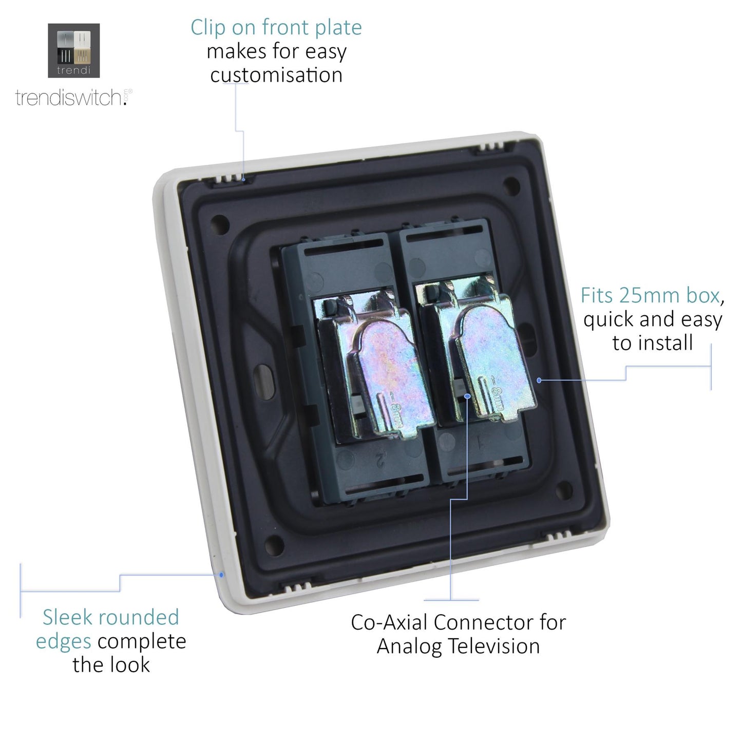 Trendi Switch 2 Gang Female Co-Axial Television Socket in Matt White - ART-2TVMWH
