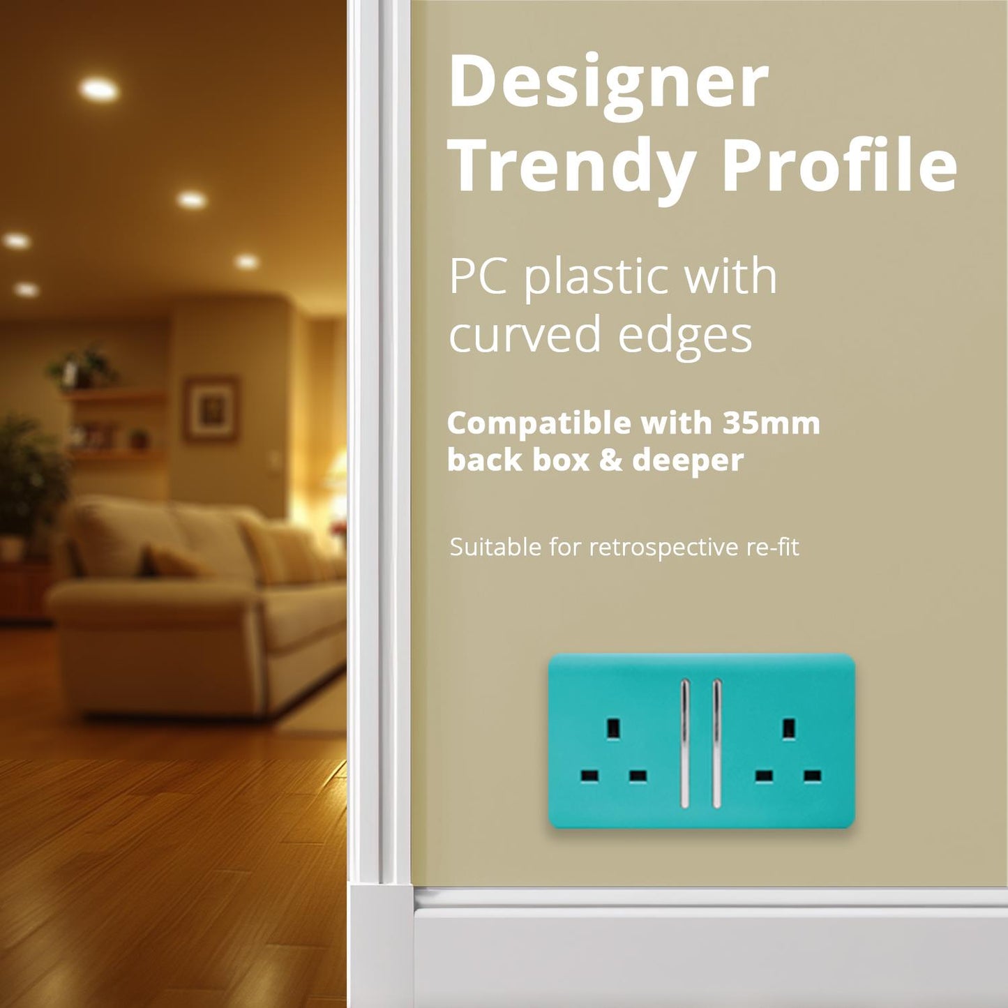 Trendi 2 Gang Raised Artistic Modern Glossy Screwless 13 Amp Single Pole with Chrome Switched UK Standard Electrical Double Wall Plug Socket in Bright Teal - ART-SKT213LBT