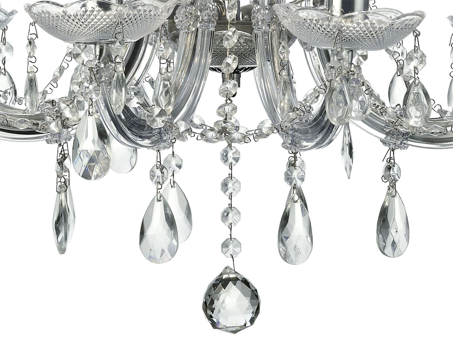 Deco Gabrielle Chandelier with Acrylic Sconce & Glass Crystal Droplets 8 Light E14 Polished Chrome Finish