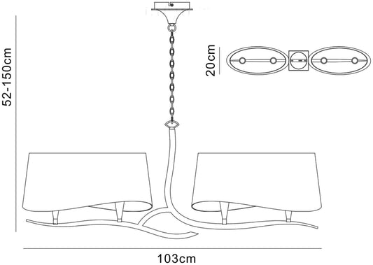 Mantra Ninette Linear Pendant 2 Arm 4 Light E14, Antique Brass with Ivory White Shades