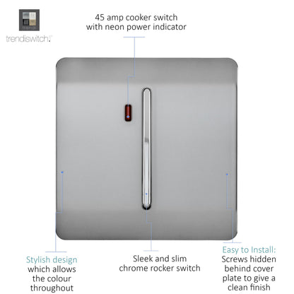 Trendi Artistic Modern Glossy 45 A Tactile Light Switch & Neon Insert Stainless Steel