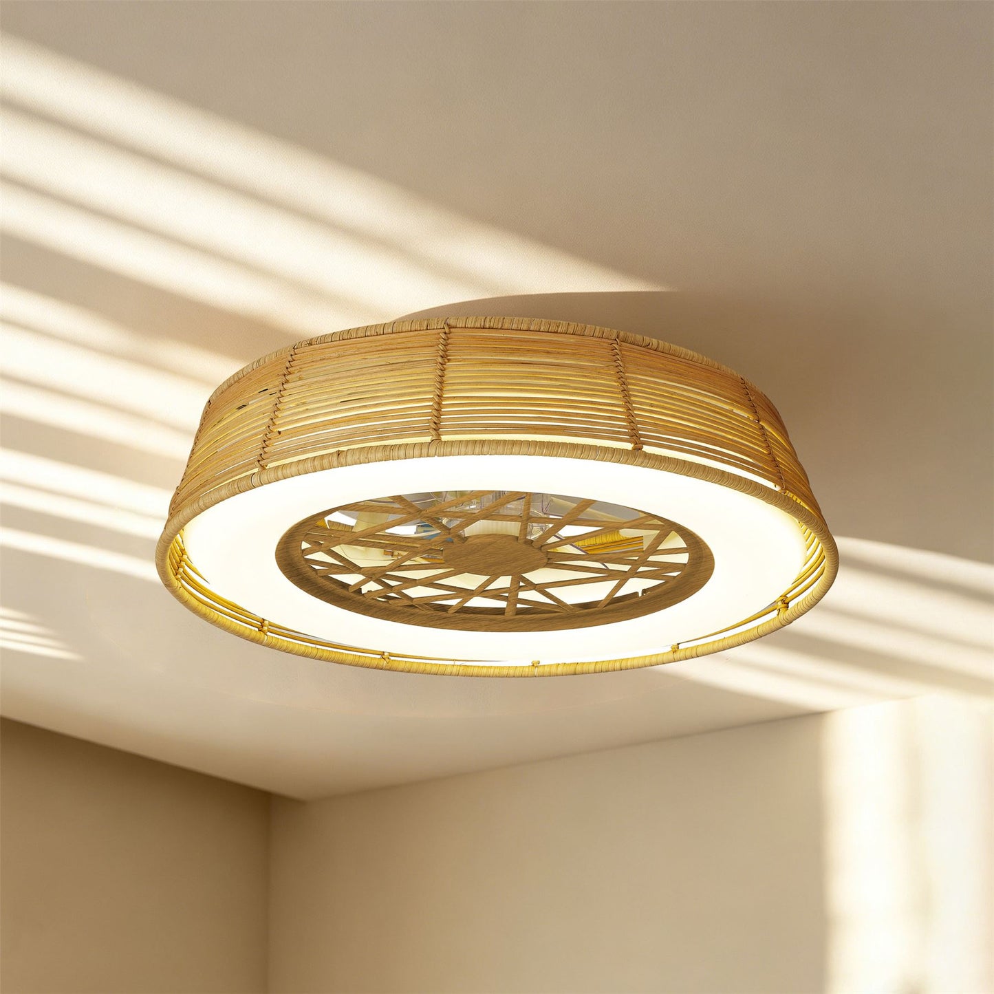 Indonesia Mini 56cm 55W LED Dimmable Ceiling Light With Built-In 25W DC Reversible Fan, Beige Rattan, 3800lm, 5yrs Warranty