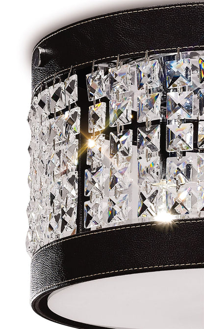 Diyas Celsa 35cm Flush  3 Light E14 Polished Chrome/Dark Brown Faux Leather/Crystal Ceiling Light Fitting