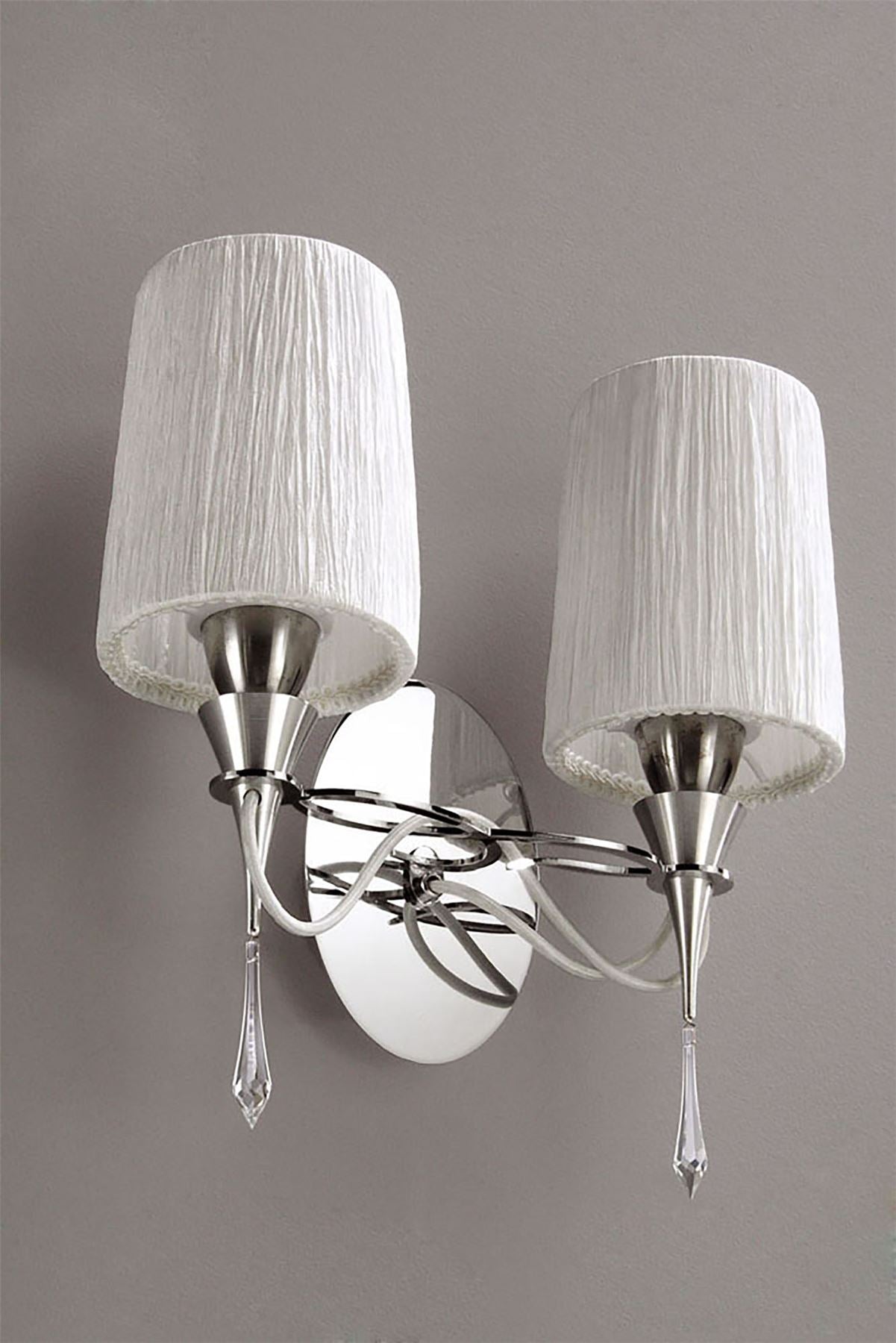 Mantra Lucca Wall Light Switched 2 Light E27, Polished Chrome with White Shades & Clear Crystal