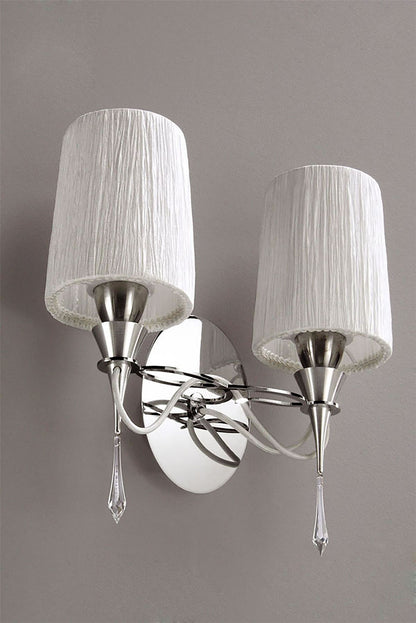Mantra Lucca Wall Light Switched 2 Light E27, Polished Chrome with White Shades & Clear Crystal