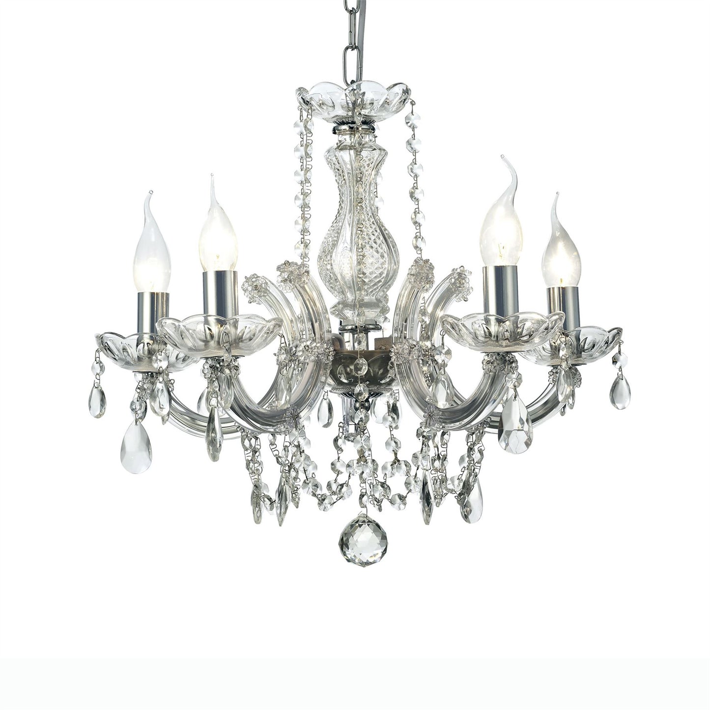 Deco Gabrielle Chandelier with Glass Sconce & Glass Droplets 5 Light E14 Polished Chrome Finish