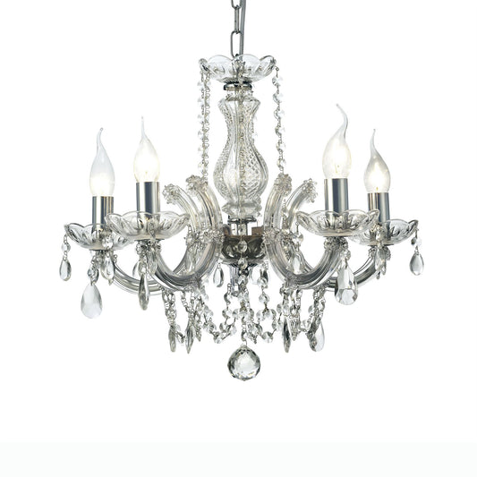 Deco Gabrielle Chandelier with Glass Sconce & Glass Droplets 5 Light E14 Polished Chrome Finish