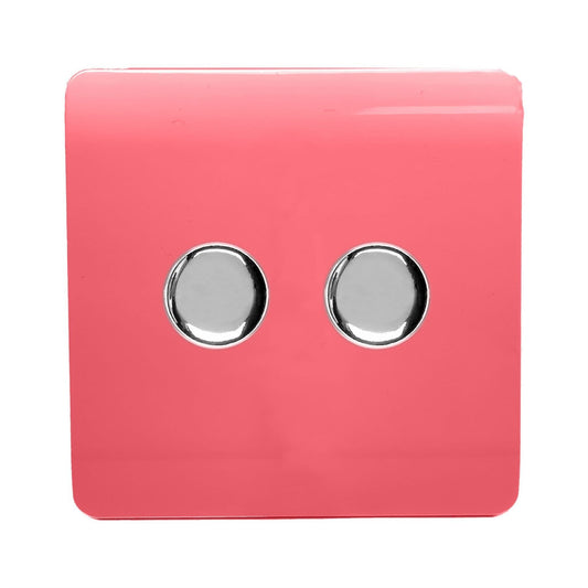 Trendi 2 Gang 2 Way 240V 100w LED Dimmer Screwless Raised Front Plate Plastic Artistic Modern Glossy 10 Amp Chrome Single Electrical Wall Light Switch in Strawberry - ART-2LDMSB