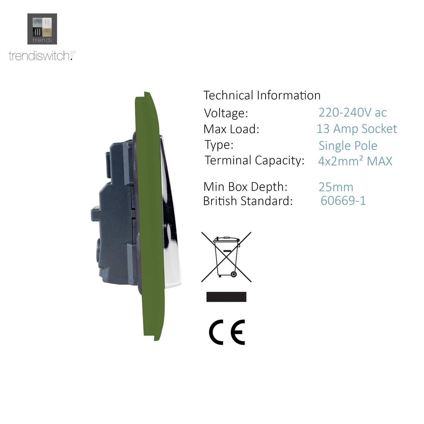 Trendi 2 Gang Raised Artistic Modern Glossy Screwless 13 Amp Single Pole with Chrome Switched UK Standard Electrical Double Wall Plug Socket in Moss Green - ART-SKT213LMG