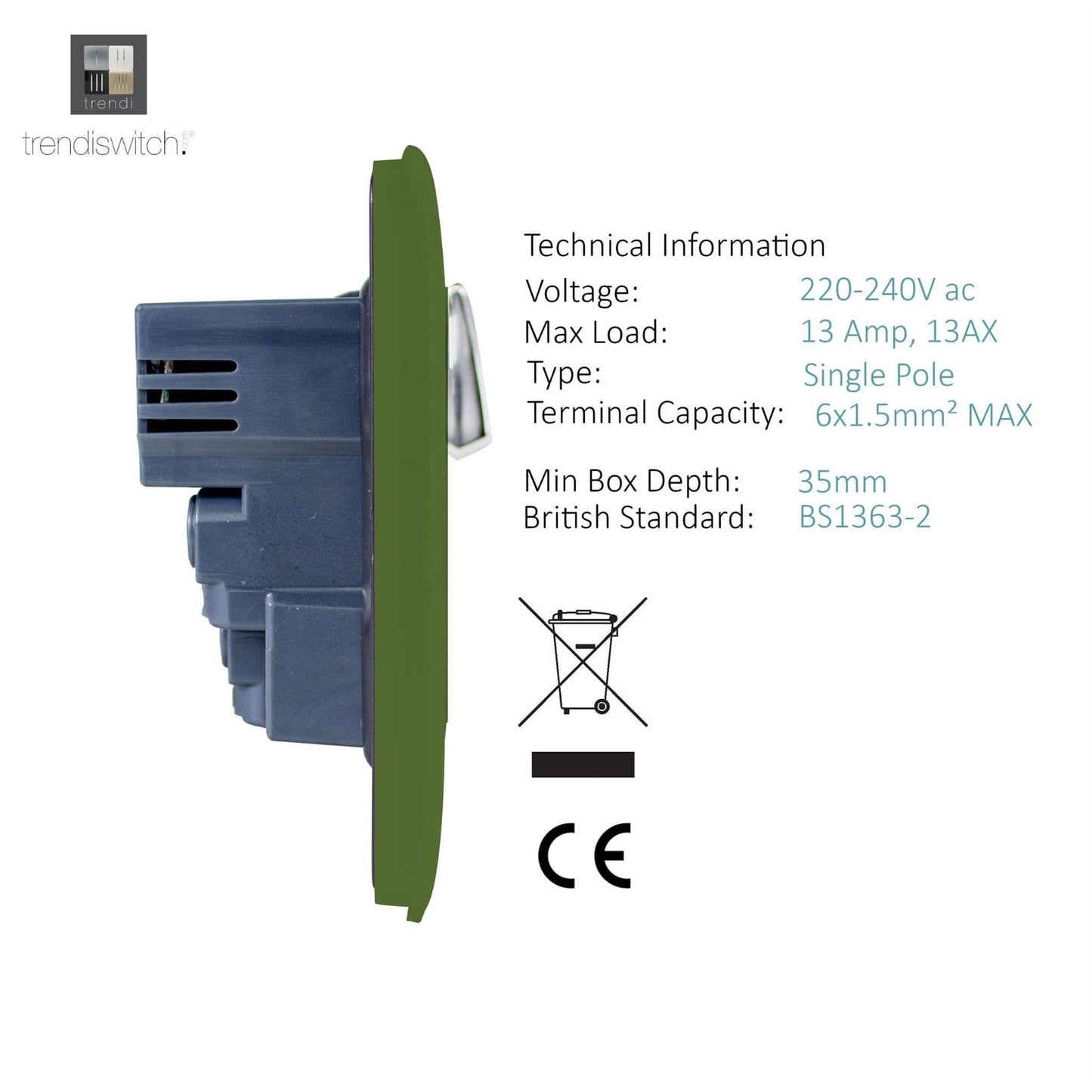 Trendi 2 Gang Artistic Modern Glossy 13 Amp 4x2.1mA USB Switched Tactile Plug Socket Moss Green