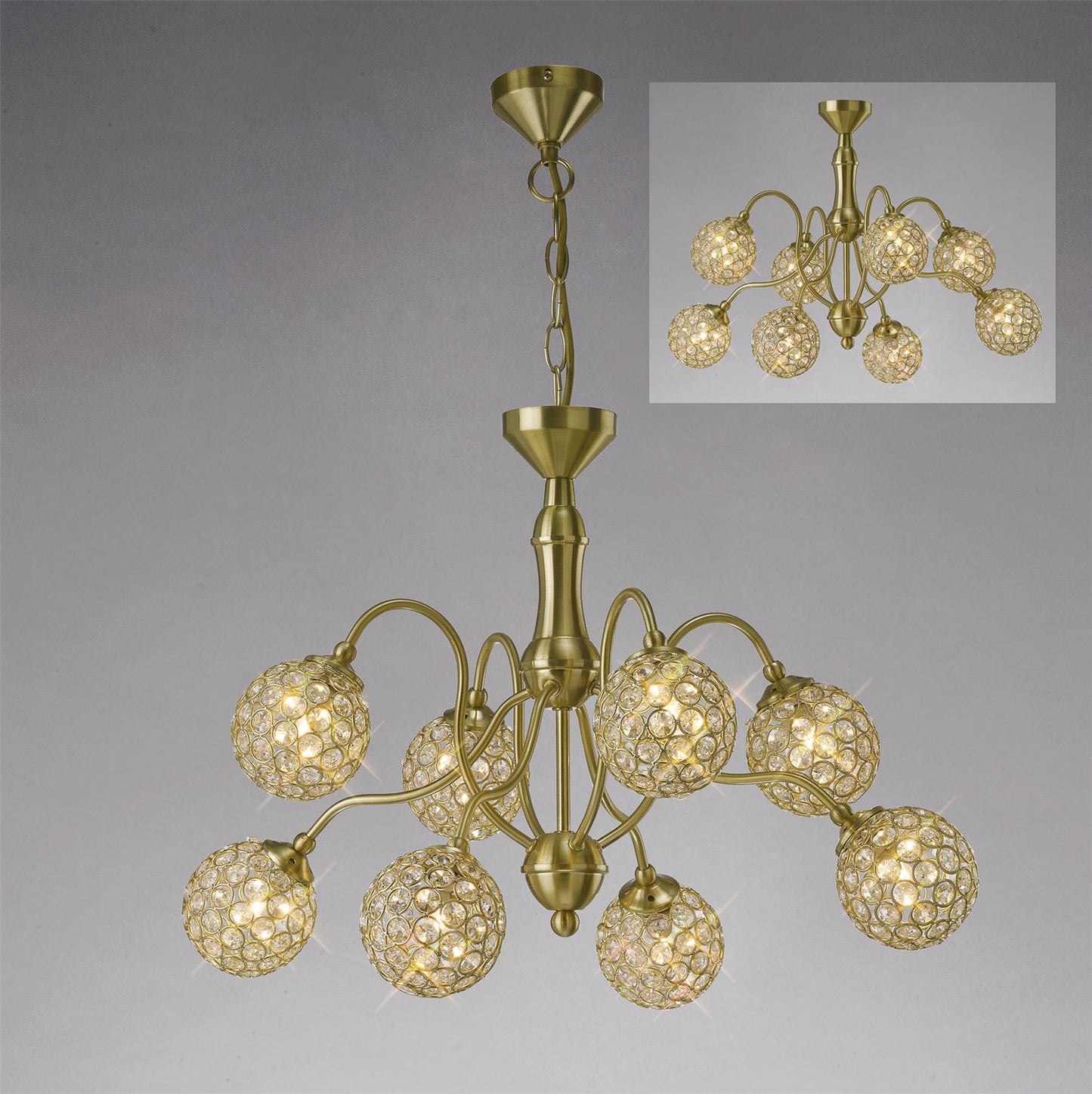 Diyas Apollo  8 Light G9 Satin Brass/Crystal Ceiling Pendant Light Fitting