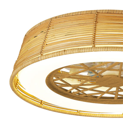 Indonesia Mini 56cm 55W LED Dimmable Ceiling Light With Built-In 25W DC Reversible Fan, Beige Rattan, 3800lm, 5yrs Warranty