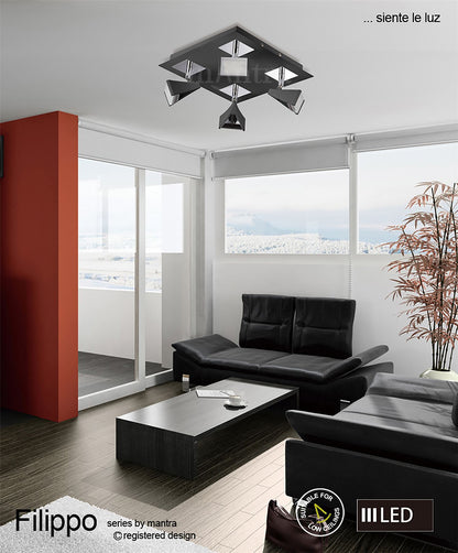 Mantra Fusion Filippo Spot Light 4 Light LED Square 20W 3000K, 1750lm, Matt Black/Polished Chrome, 3yrs Warranty