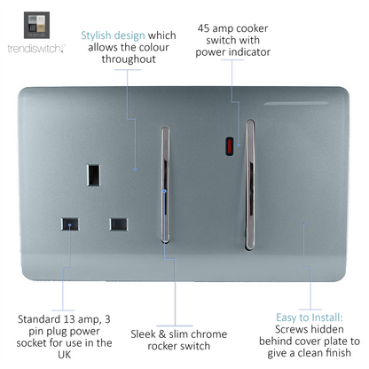Trendi Artistic Modern Glossy 45 A Cooker Switch & Plug Socket Inc Neon Insert Cool Grey
