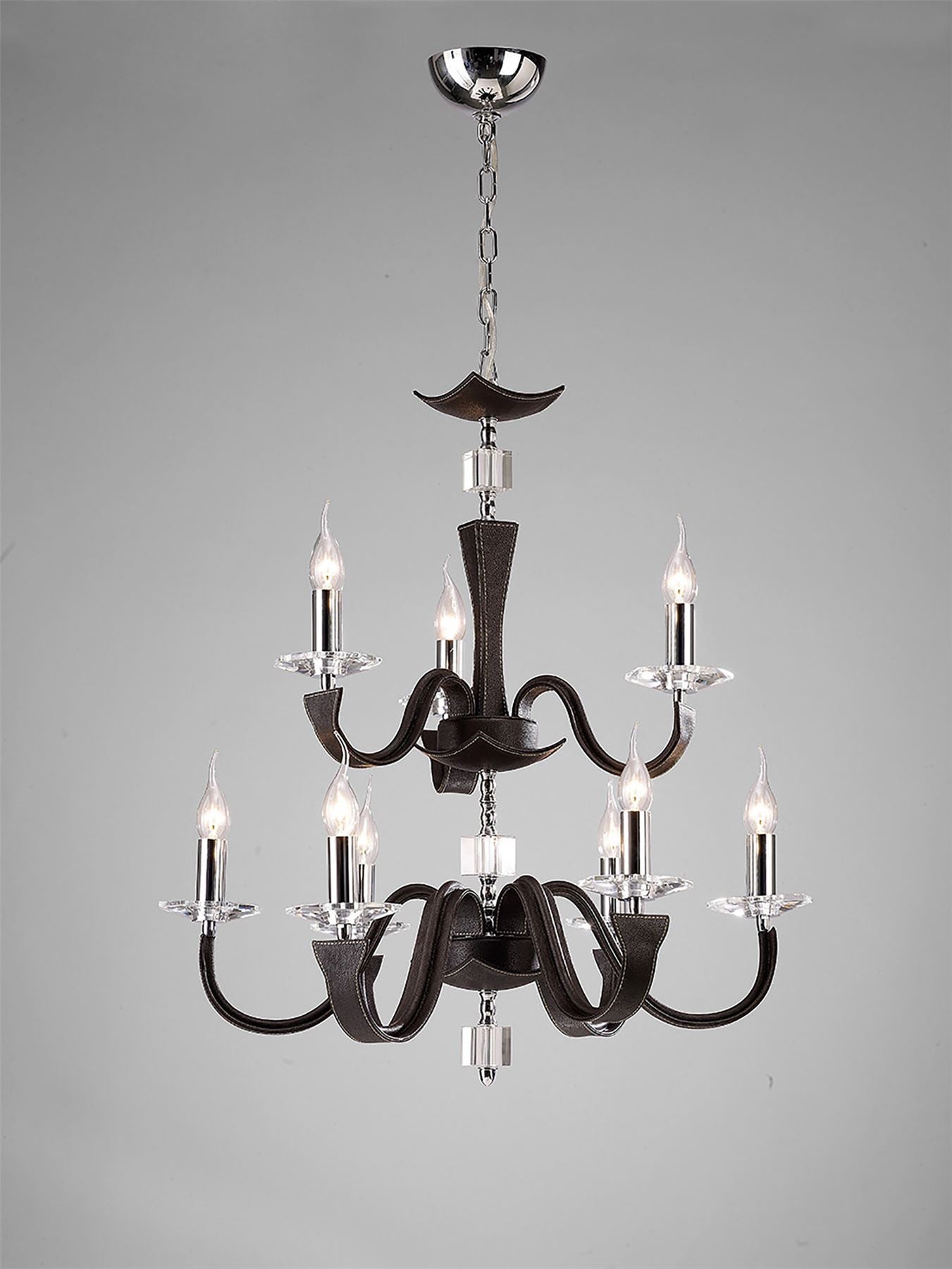 Diyas Nardini 65cm  2 Tier 9 Light E14 Polished Chrome Dark Brown Faux Leather/Crystal Ceiling Pendant Light Fitting