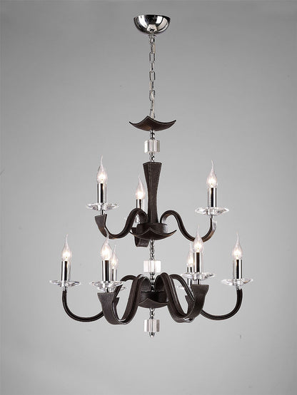Diyas Nardini 65cm  2 Tier 9 Light E14 Polished Chrome Dark Brown Faux Leather/Crystal Ceiling Pendant Light Fitting