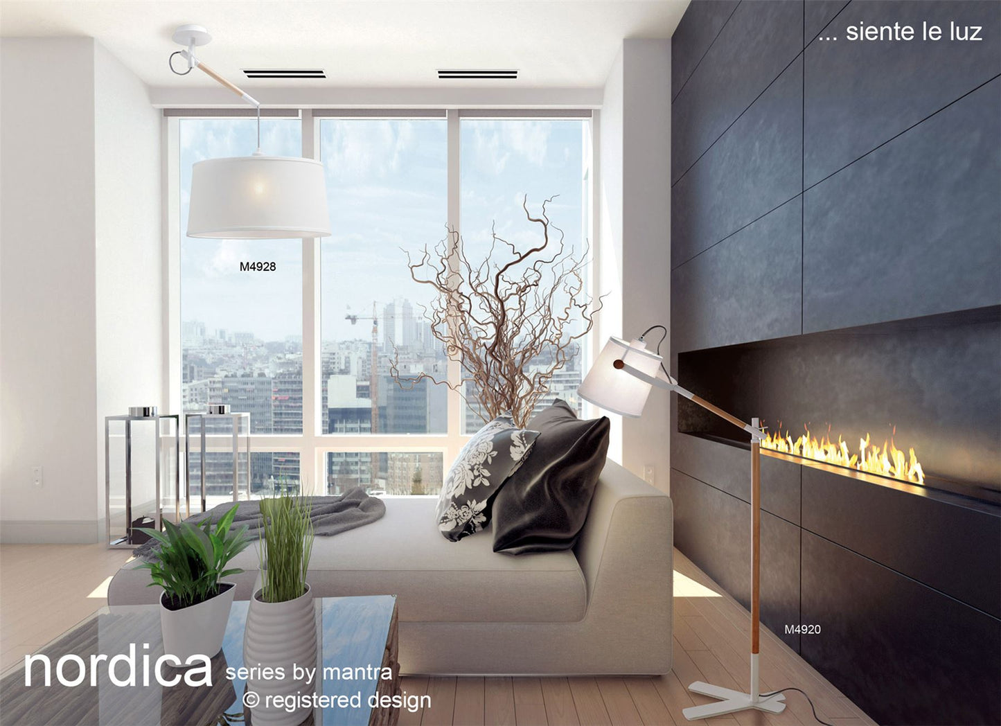 Mantra M4920 Nordica Floor Lamp with White Shade 1 Light E27, Matt White/Beech with Ivory White Shade