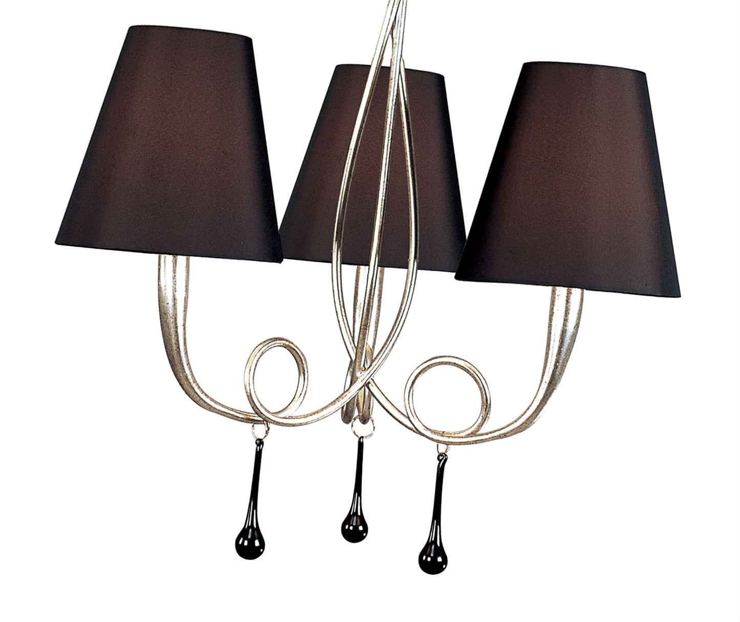 Mantra M0532 Paola Pendant 3 Light E14, Silver Painted with Black Shades & Black Glass Droplets