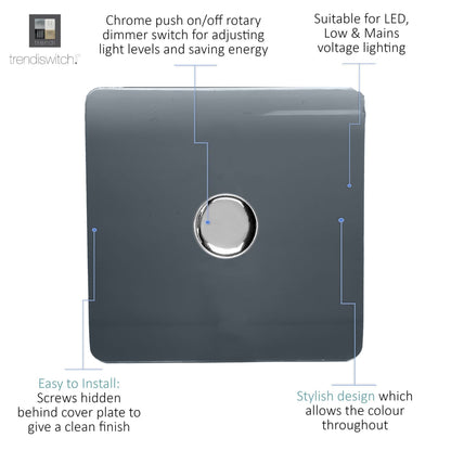 Trendi 1 Gang 2 Way 240V 100w LED Dimmer Screwless Raised Front Plate Plastic Artistic Modern Glossy 10 Amp Chrome Single Electrical Wall Light Switch in Warm Grey - ART-LDMWG