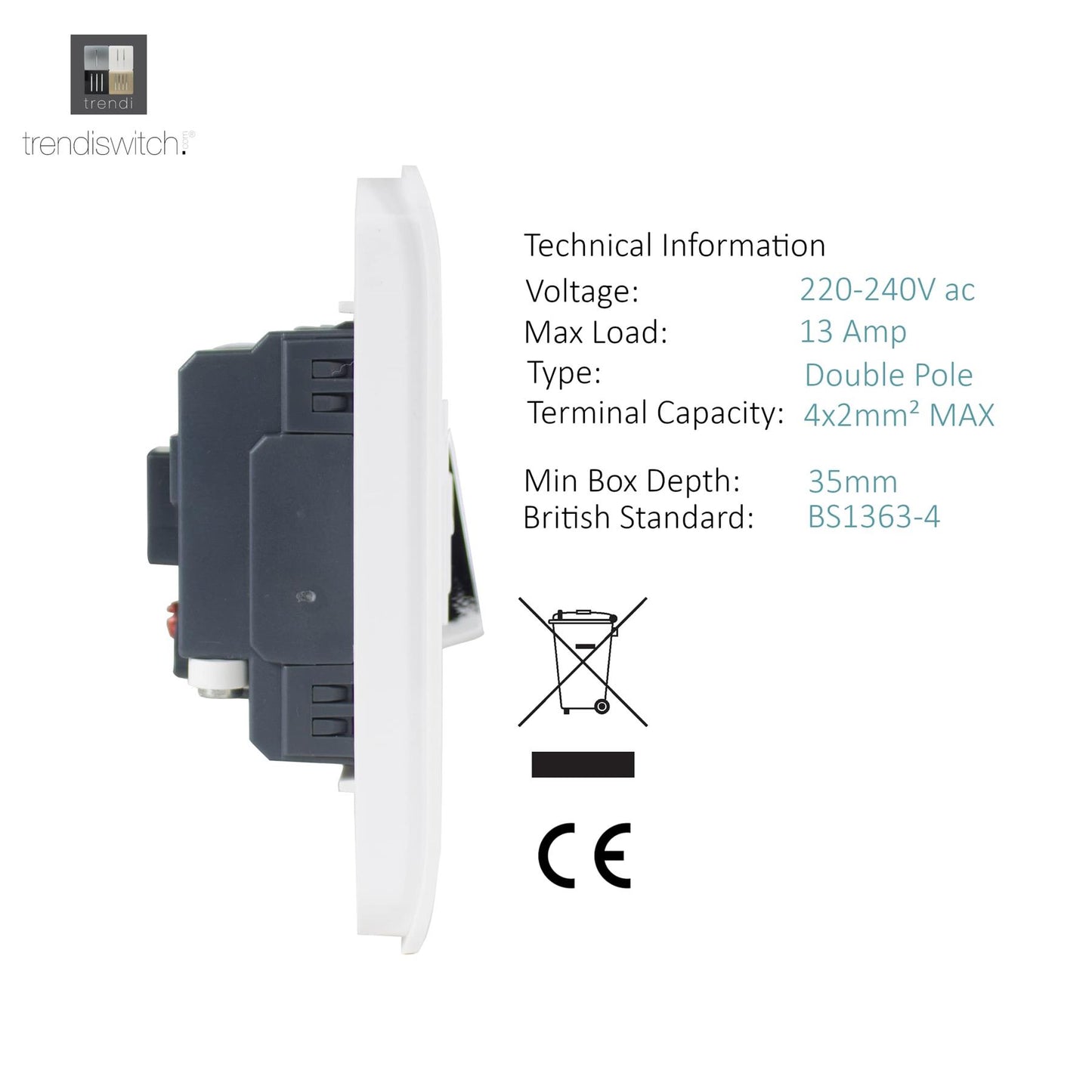 Trendi Switch 13 Amp Fused Spur with Flex Outlet in Matt White - ART-FSMWH