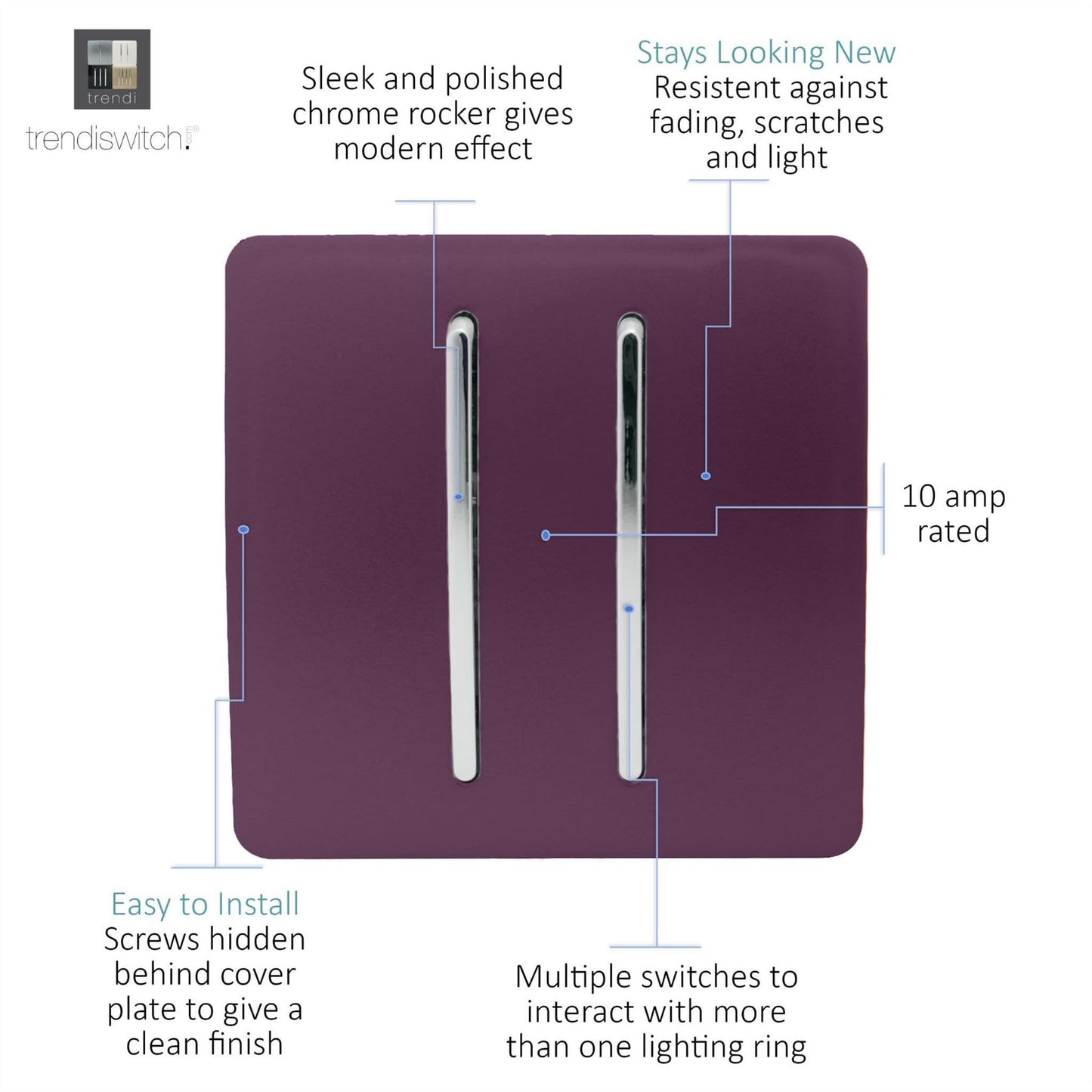 Trendi 2 Gang 3 Way Intermediate Artistic Modern Glossy 10 Amp Rocker Light Switch Plum