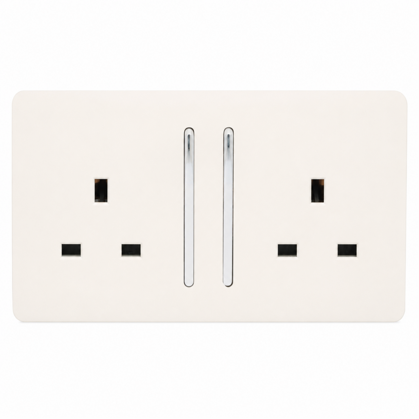 Trendi 2 Gang Raised Artistic Modern Screwless 13 Amp Single Pole with Chrome Switched UK Standard Electrical Double Wall Plug Socket in Matt White - ART-SKT213LMWH