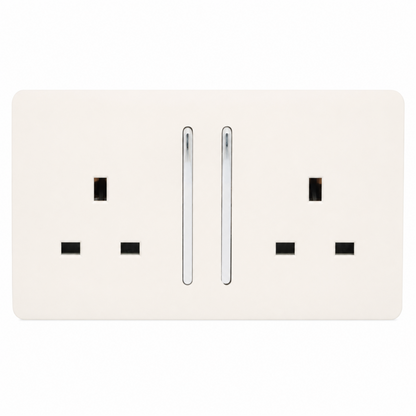 Trendi 2 Gang Raised Artistic Modern Screwless 13 Amp Single Pole with Chrome Switched UK Standard Electrical Double Wall Plug Socket in Matt White - ART-SKT213LMWH