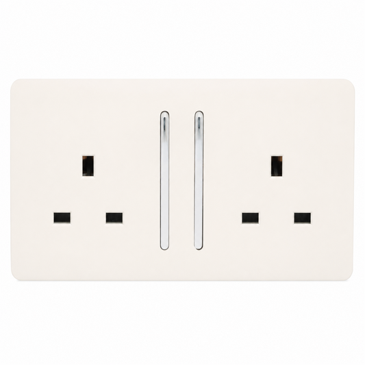 Trendi 2 Gang Raised Artistic Modern Screwless 13 Amp Single Pole with Chrome Switched UK Standard Electrical Double Wall Plug Socket in Matt White - ART-SKT213LMWH