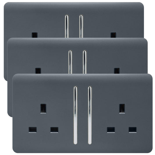 Trendi 2 Gang Artistic Modern Glossy 13 Amp Switched  Plug Socket Warm Grey (3 Pack)