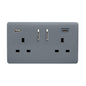 Warm Grey Screwless 2 Gang Switched Double Socket 13A With 1 x USB-A & 1 x USB-C 45W (Shared), (35mm Back Box Req.), 10yrs Warranty