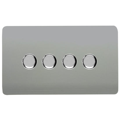 Trendi 4 Gang 2 Way 240V 100w LED Dimmer Screwless Raised Front Plate Plastic Artistic Modern Glossy 10 Amp Chrome Single Electrical Wall Light Switch in Platinum Silver - ART-4LDMSI