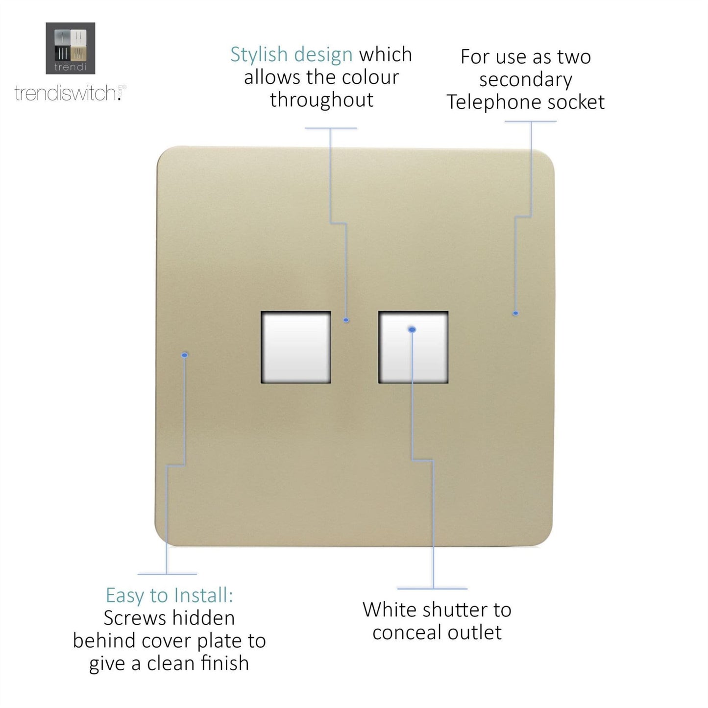 Trendi Artistic Modern Glossy Tactile 2 Gang Telephone Socket Gold ART-2TLPGO