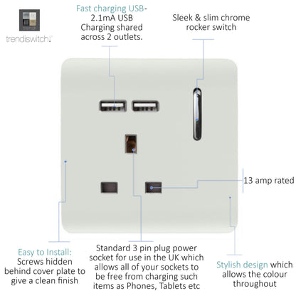 Trendi 1 Gang 13 Amp 2x2.1mA USB Switched Plug Socket in Matt White - ART-SKT13USBMWH