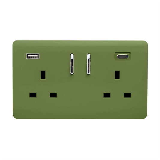Trendi 2 Gang Artistic Modern Glossy 13 Amp 2 x Type A & C 3100 mA USB Switched Plug Socket Moss Green