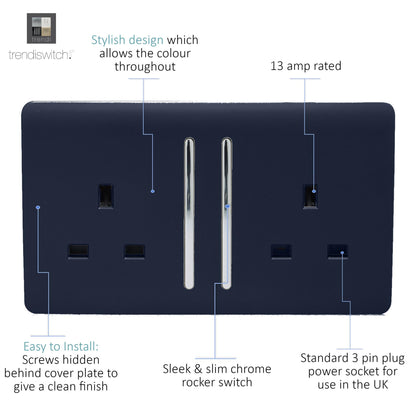 Trendi 2 Gang Artistic Modern Glossy 13 Amp Switched Tactile Plug Socket Navy (7 Pack)