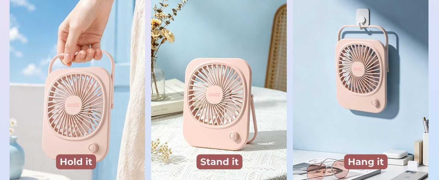 OOZZ Ultra-Slim Portable Desk Fan, Compact Personal Cooling Fan, Stepless Speed Control, USB-C Rechargeable Battery, Quiet Operation for Home & Office, OZ-4122 (Pink)