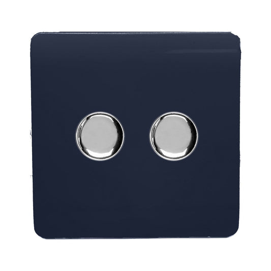 Trendi 2 Gang 2 Way 240V 100w LED Dimmer Screwless Raised Front Plate Plastic Artistic Modern Glossy 10 Amp Chrome Single Electrical Wall Light Switch in Navy - ART-2LDMNV