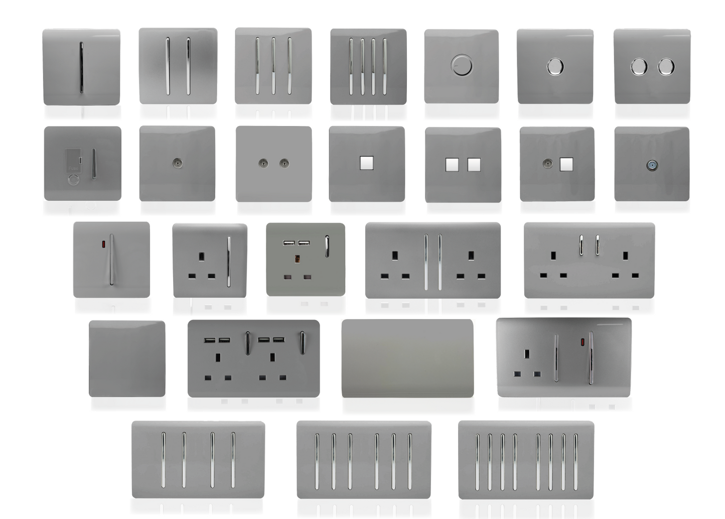 Trendi 2 Gang Artistic Modern Glossy 13 Amp Switched Tactile Plug Socket Light Grey (5 Pack)