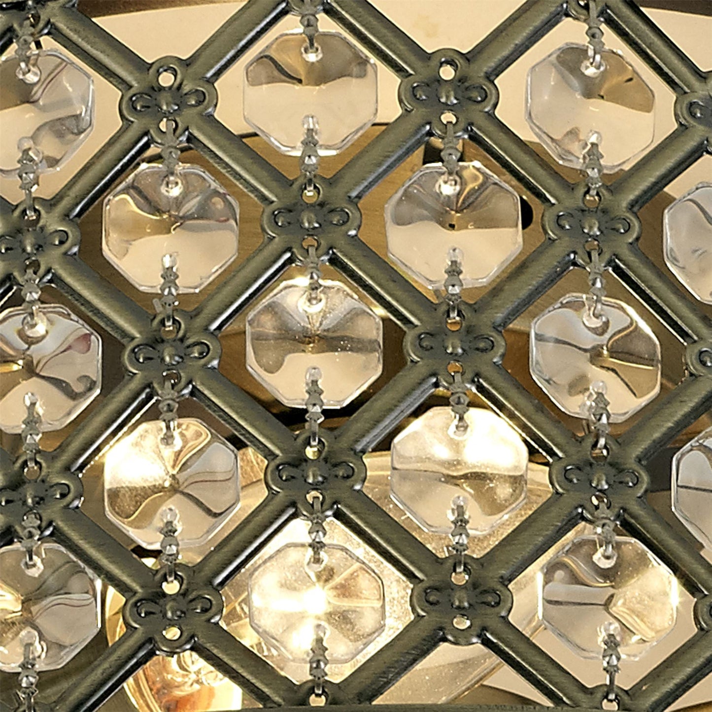 Deco Sasha 2 Light E14, Flush Ceiling Light, 300mm Round, Antique Brass with Crystal Glass and Opal Glass Diffuser