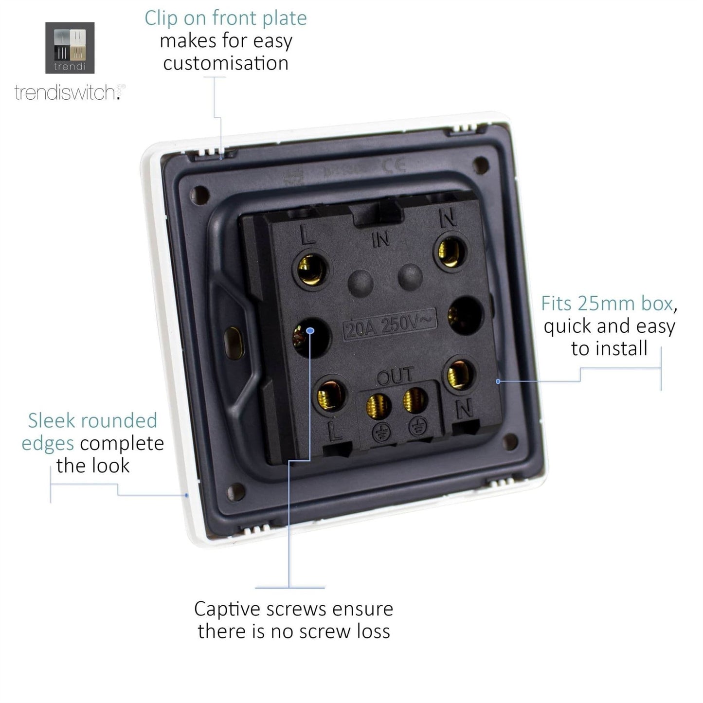 Trendi Artistic Modern Glossy 20 A Tactile Light Switch & Neon Insert Charcoal